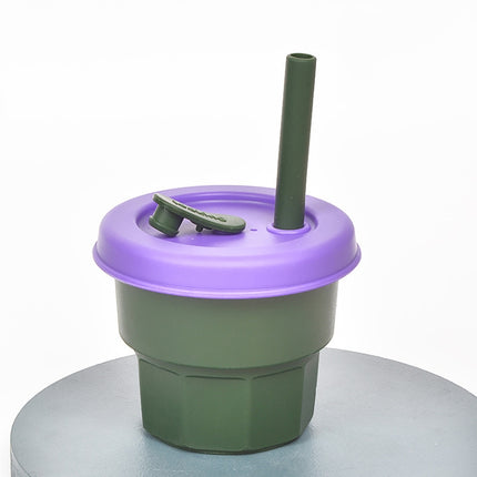 Children Silicone Straw Cups Drop And High Temperature Resistant Water Cups Ink Green Cup + Purple Cover(300ml)-garmade.com