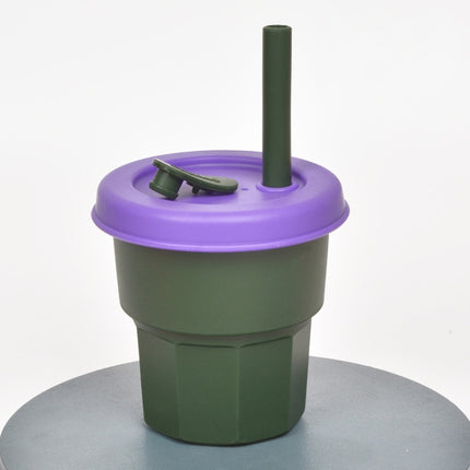 Children Silicone Straw Cups Drop And High Temperature Resistant Water Cups Ink Green Cup + Purple Cover(400ml)-garmade.com