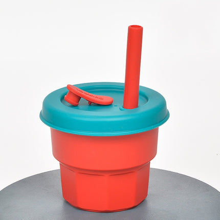 Children Silicone Straw Cups Drop And High Temperature Resistant Water Cups Dark Red Cup + Olive Green Cover(300ml)-garmade.com