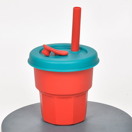 Children Silicone Straw Cups Drop And High Temperature Resistant Water Cups Dark Red Cup + Olive Green Cover(400ml)-garmade.com