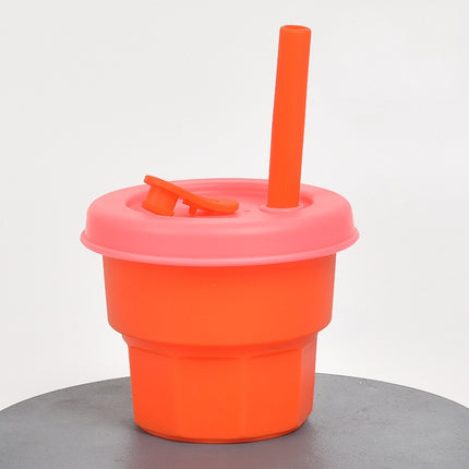 Children Silicone Straw Cups Drop And High Temperature Resistant Water Cups Orange Cup + Cherry Blossom Pink Cover(300ml)-garmade.com