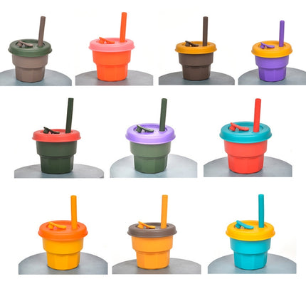 Children Silicone Straw Cups Drop And High Temperature Resistant Water Cups Orange Cup + Cherry Blossom Pink Cover(300ml)-garmade.com