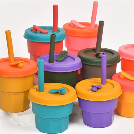 Children Silicone Straw Cups Drop And High Temperature Resistant Water Cups Orange Cup + Cherry Blossom Pink Cover(300ml)-garmade.com