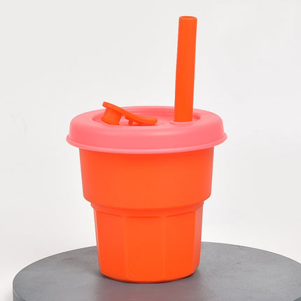 Children Silicone Straw Cups Drop And High Temperature Resistant Water Cups Orange Cup + Cherry Blossom Pink Cover(400ml)-garmade.com