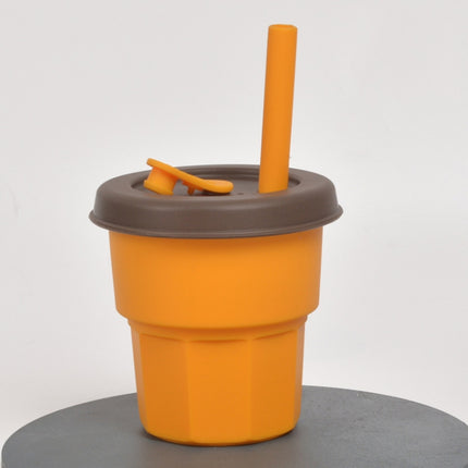 Children Silicone Straw Cups Drop And High Temperature Resistant Water Cups Turmeric Cup+Brown Cover(400ml)-garmade.com