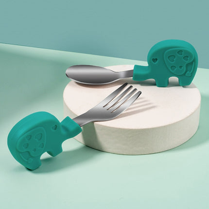 2 Sets Baby Training Short Handle Eating Spoon Children Stainless Steel Spoon Tableware(Green Elephant)-garmade.com