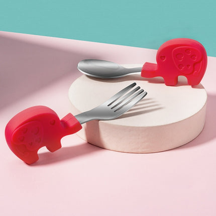 2 Sets Baby Training Short Handle Eating Spoon Children Stainless Steel Spoon Tableware(Red Elephant)-garmade.com