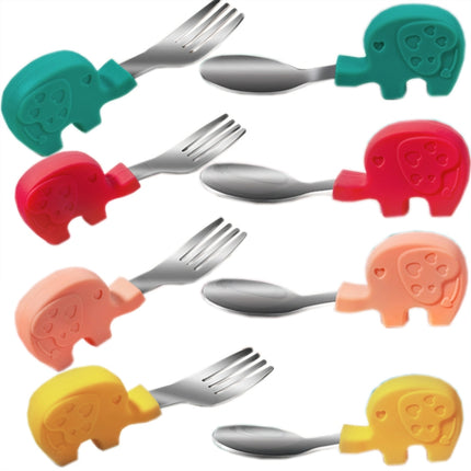2 Sets Baby Training Short Handle Eating Spoon Children Stainless Steel Spoon Tableware(Red Elephant)-garmade.com