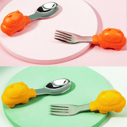 2 Sets Baby Training Short Handle Eating Spoon Children Stainless Steel Spoon Tableware(Orange UFO + Color Box)-garmade.com