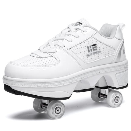 Two-Purpose Skating Shoes Deformation Shoes Double Row Rune Roller Skates Shoes, Size: 34(High-top With Light (White))-garmade.com
