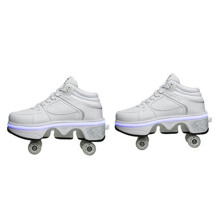 Two-Purpose Skating Shoes Deformation Shoes Double Row Rune Roller Skates Shoes, Size: 36(High-top With Light (White))-garmade.com
