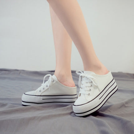 Women Thick-Soled Inner Heightened Semi-Slipper Canvas Shoes Lazy One-Legged Platform Shoes, Size: 34(White)-garmade.com