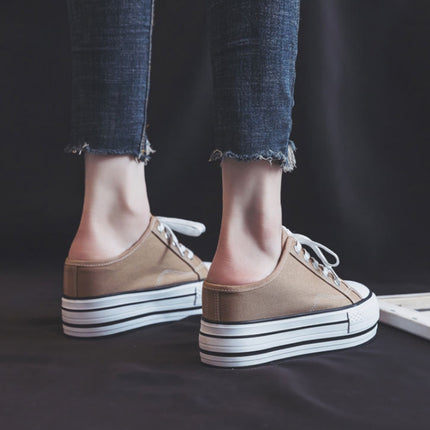 Women Thick-Soled Inner Heightened Semi-Slipper Canvas Shoes Lazy One-Legged Platform Shoes, Size: 34(Milk Tea)-garmade.com