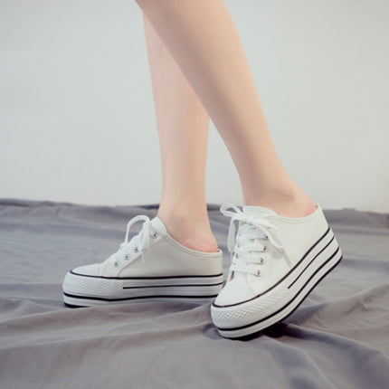 Women Thick-Soled Inner Heightened Semi-Slipper Canvas Shoes Lazy One-Legged Platform Shoes, Size: 36(White)-garmade.com