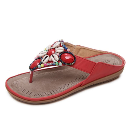 Ladies Summer Bohemian Sandals Seaside Retro Beaded Shell Slippers, Size: 35(Red)-garmade.com