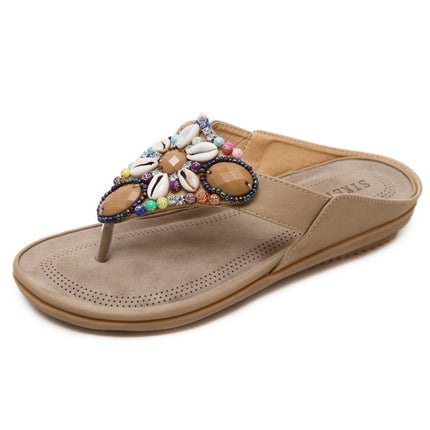 Ladies Summer Bohemian Sandals Seaside Retro Beaded Shell Slippers, Size: 35(Apricot)-garmade.com