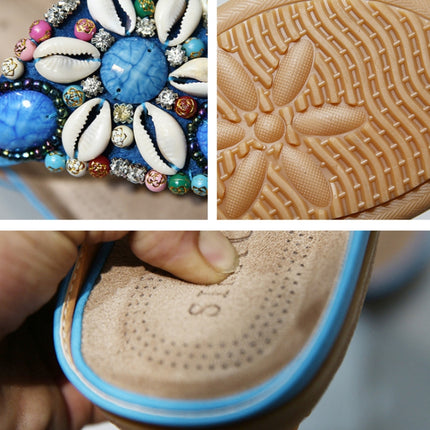 Ladies Summer Bohemian Sandals Seaside Retro Beaded Shell Slippers, Size: 35(Blue)-garmade.com