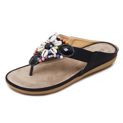 Ladies Summer Bohemian Sandals Seaside Retro Beaded Shell Slippers, Size: 36(Black)-garmade.com