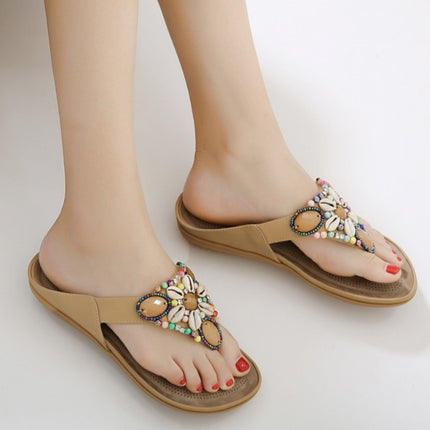 Ladies Summer Bohemian Sandals Seaside Retro Beaded Shell Slippers, Size: 36(Apricot)-garmade.com