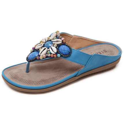 Ladies Summer Bohemian Sandals Seaside Retro Beaded Shell Slippers, Size: 37(Blue)-garmade.com