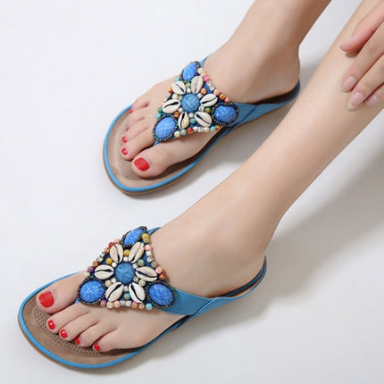 Ladies Summer Bohemian Sandals Seaside Retro Beaded Shell Slippers, Size: 38(Blue)-garmade.com