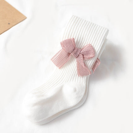 Spring And Autumn Girl Tights Bow Baby Knit Pantyhose Size: S 0-1 Years Old(White)-garmade.com