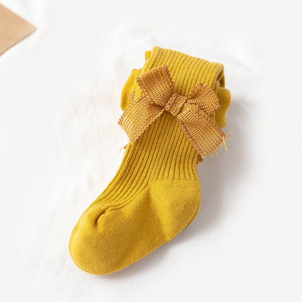 Spring And Autumn Girl Tights Bow Baby Knit Pantyhose Size: S 0-1 Years Old(Turmeric)-garmade.com