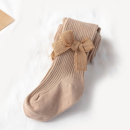 Spring And Autumn Girl Tights Bow Baby Knit Pantyhose Size: S 0-1 Years Old(Khaki)-garmade.com