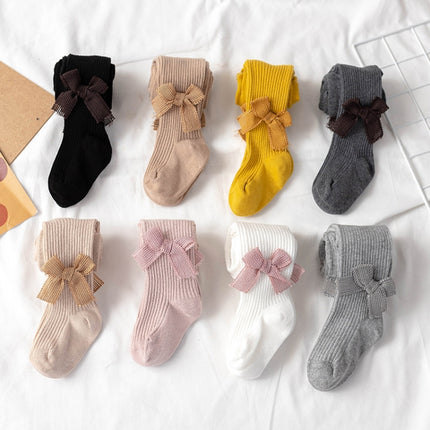 Spring And Autumn Girl Tights Bow Baby Knit Pantyhose Size: S 0-1 Years Old(Dark Gray)-garmade.com
