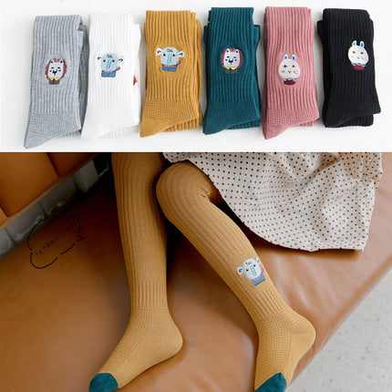 Children Pantyhose Knit Girls Cartoon Embroidery Bottoming Tights Size: L 5-7 Years Old(Skin Powder)-garmade.com