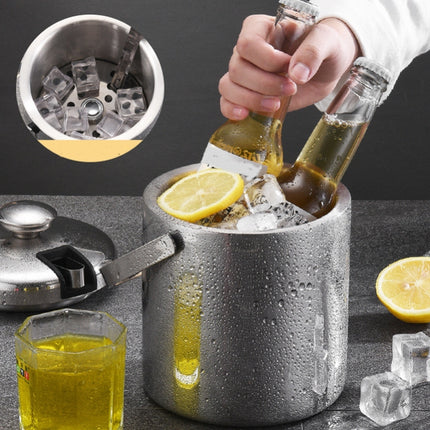 304 Stainless Steel Ice Bucket Double-Layer Hollow Bar Beer Wine Barrel With Ice Clip, Capacity: 1.3L-garmade.com