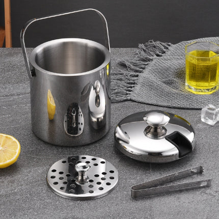 304 Stainless Steel Ice Bucket Double-Layer Hollow Bar Beer Wine Barrel With Ice Clip, Capacity: 1.3L-garmade.com