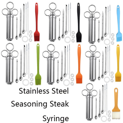 Stainless Steel Seasoning Steak Syringe Turkey Needle Set With Cleaning Silicone Brush(Yellow White)-garmade.com