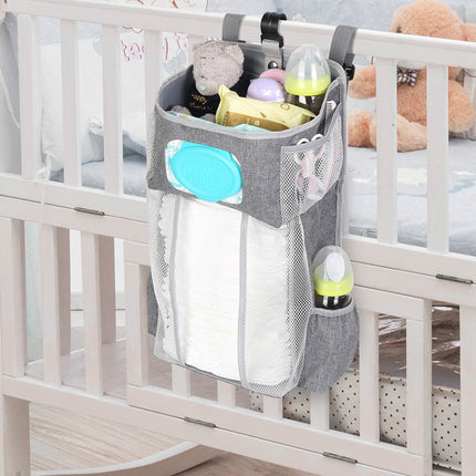 Baby Crib Hanging Bag Multifunctional Detachable Bed Diaper Toy Storage Bag(Gray Stripe)-garmade.com