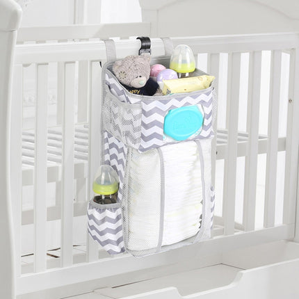 Baby Crib Hanging Bag Multifunctional Detachable Bed Diaper Toy Storage Bag(Gray Stripe)-garmade.com