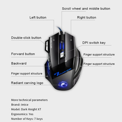 IMICE X7 2400 DPI 7-Key Wired Gaming Mouse with Colorful Breathing Light, Cable Length: 1.8m(Skin Black E-commerce Version)-garmade.com