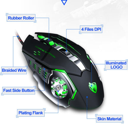 T-WOLF V6 USB Interface 6-Buttons 3200 DPI Wired Mouse Gaming Mechanical Macro Programming 7-Color Luminous Gaming Mouse, Cable Length: 1.5m(Macro Definition Silent Version Black Silver)-garmade.com