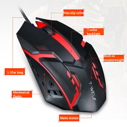 2 PCS T-WOLF V1 USB Interface 3-Buttons 1200 DPI Wired Mouse 7-Color Backlit Gaming Mouse, Cable Length: 1.35m-garmade.com