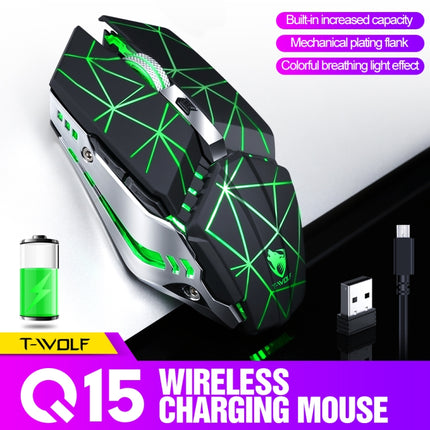 T-WOLF Q15 6-Buttons 1600 DPI Wireless Rechargeable Mute Office Gaming Mouse with 7 Color Breathing Light( Stars Black)-garmade.com