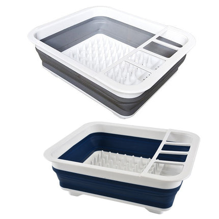 Silicone Folding Drainage Dish Rack Tableware Storage Box(Blue + White)-garmade.com