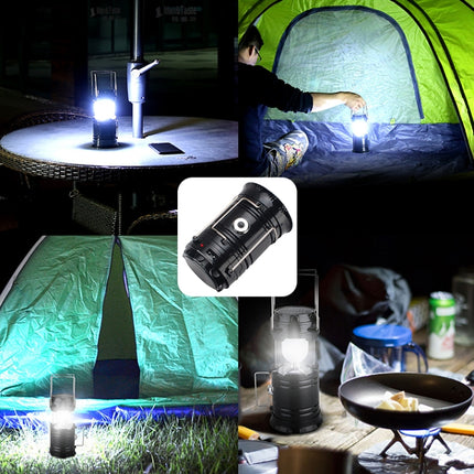 LED Tent Light Solar Rechargeable Camping Light Stretchable Multifunctional Lantern, Support USB Output,EU Plug(Black)-garmade.com