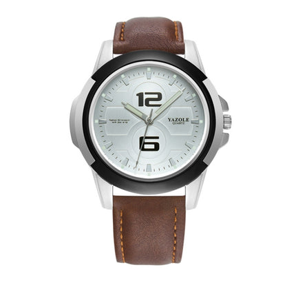 YAZOLE 418 Sports Watch Casual Fashion Luminous Men Quartz Watch(White Tray Dark Brown Belt)-garmade.com