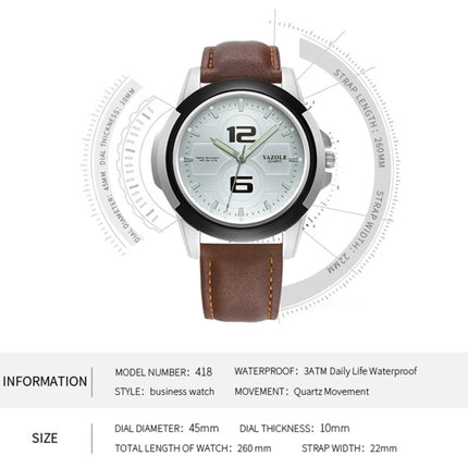 YAZOLE 418 Sports Watch Casual Fashion Luminous Men Quartz Watch(White Tray Dark Brown Belt)-garmade.com