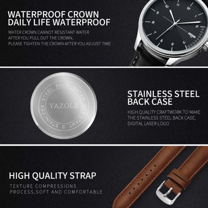 YAZOLE 502 Arabic Numerals Men Business Watch Fashion Quartz Watch(Silver Shell Black Tray Brown Belt)-garmade.com