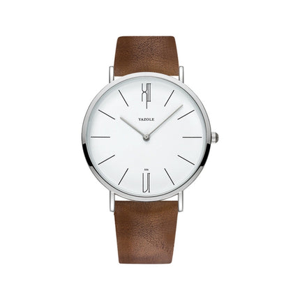YAZOLE 506 Simple Large Scale Dial Men Business Quartz Watch(Silver Shell White Tray Brown Belt)-garmade.com