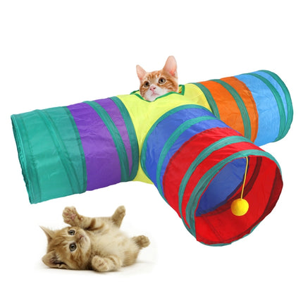 Cat Rainbow Three-Way Tunnel Interactive Cat Toy Foldable Cat Channel(Rainbow)-garmade.com