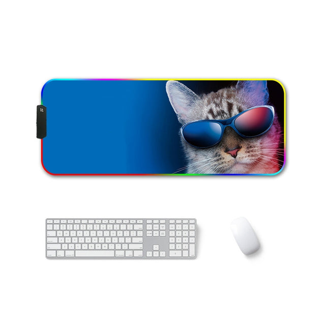 350x900x4mm F-01 Rubber Thermal Transfer RGB Luminous Non-Slip Mouse Pad(Glasses Cat)-garmade.com