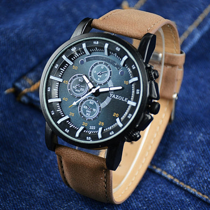 YAZOLE 322 Arabic Numerals Dial Sports Belt Watch Men Luminous Business Quartz Watch(Blue Tray Brown Belt)-garmade.com