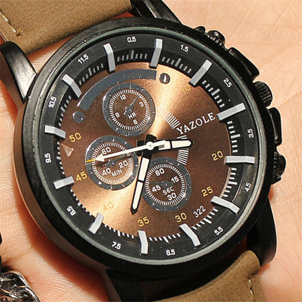 YAZOLE 322 Arabic Numerals Dial Sports Belt Watch Men Luminous Business Quartz Watch(Blue Tray Brown Belt)-garmade.com