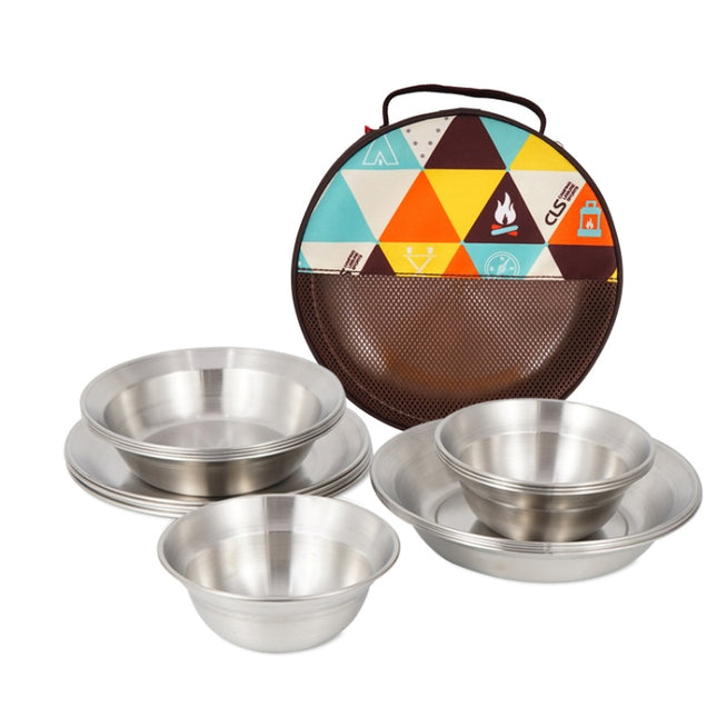 16 PCS / Set CLS Outdoor Stainless Steel Tableware Portable Camping Dinner Bowl Plate Kit-garmade.com